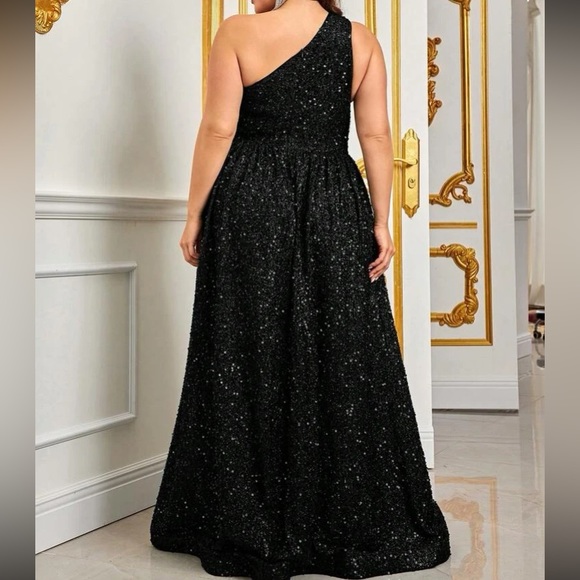 Luxe plus size one shoulder slit thigh party formal prom wedding gown dress - Picture 5 of 8